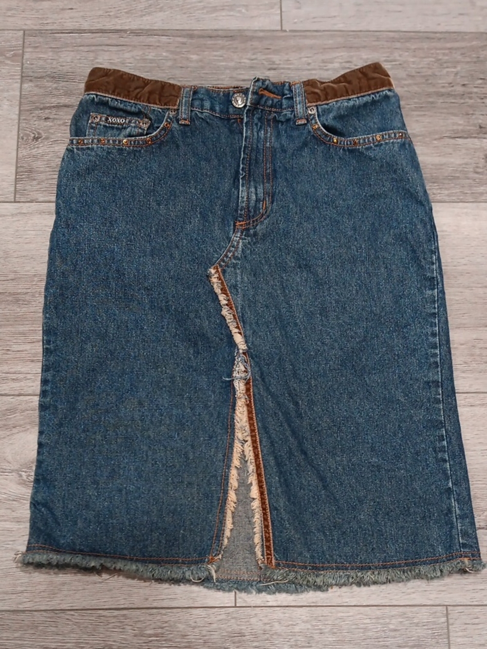 XOXO Blue Denim Skirt with Brown Waistband and Front Slit